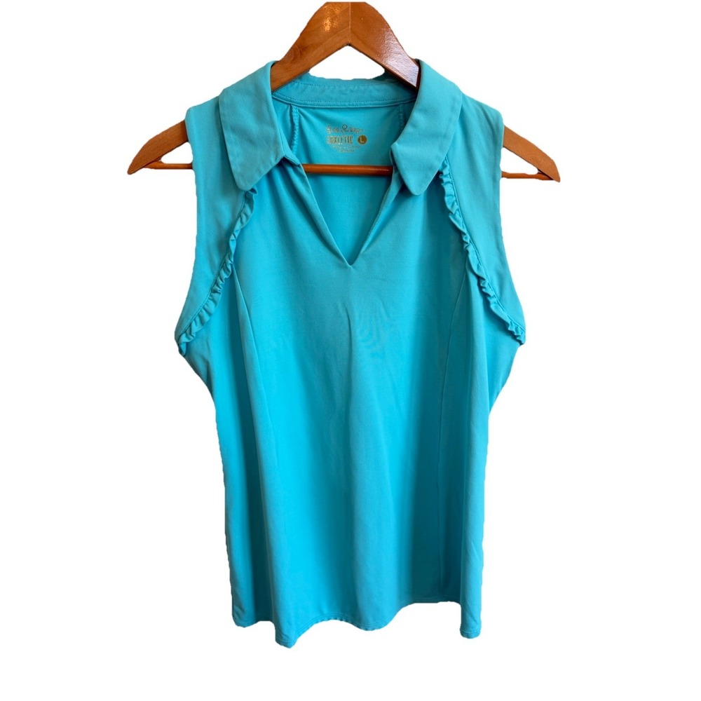 Lilly Pulitzer Bright Blue Luxletic Sleeveless Top Ruffled V Neck Size Large